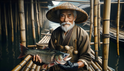 An elderly Chinese fisherman with a large fish - obrazy, fototapety, plakaty