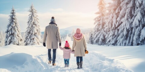 Fototapeta na wymiar Happy family Father, mother and children are having fun and playing on snowy winter walk in nature. comeliness