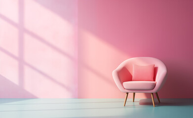 Pink armchair in front of pink wall