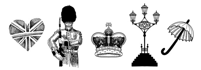 Doodle Great English London symbols - english crown, guard, umbrella vector illustration - obrazy, fototapety, plakaty
