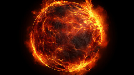 Dynamic Fiery Ball: Intense Combustion on Black Background - Powerful Flame Illustration for Abstract Concepts with Copy Space for Design and Creative Expression.