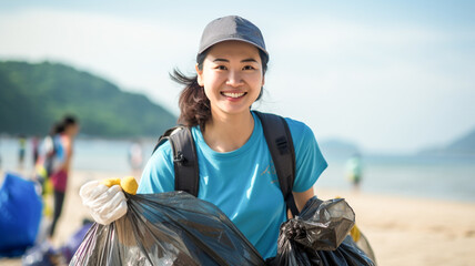 Women Volunteer collect trash in a trash bag. Plastic pollution and environmental problem concept. Voluntary cleaning of nature from plastic. 