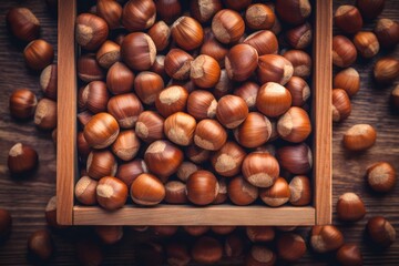 Top view of hazelnuts in a wooden box
