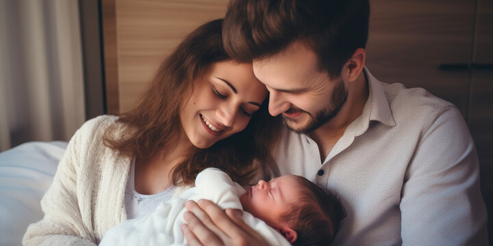 A Heartwarming Scene of a Happy Young Mother and Father with Their Newborn at Home