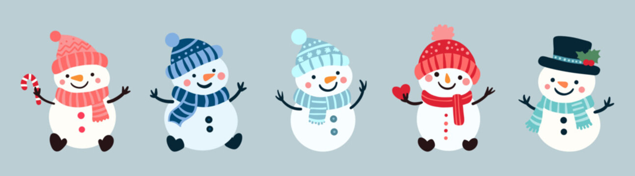 set of 5 five vector snowmen, fun happy winter illustration, happy new year