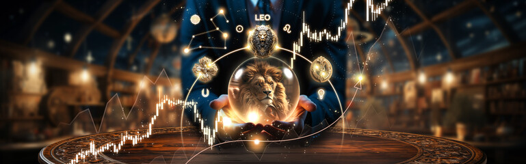 Business Horoscope for Leo. Astrology from a businessman + crystal ball for fire element zodiac sign. Modern Magic Witchcraft Cover. Forecast and divination for company. Startup strategy planning - obrazy, fototapety, plakaty