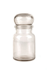 Vintage medicine bottle with stopper isolated on white background. Glass pharmacy empty bottle.