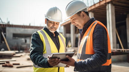 Structural engineer and foreman worker with digital tablet discuss, plan working for building construction site.
 - obrazy, fototapety, plakaty