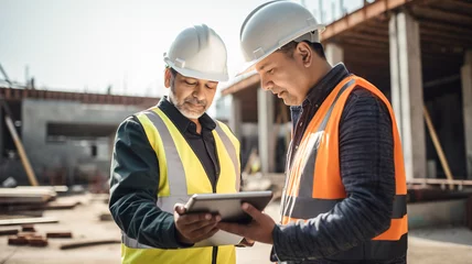 Poster Structural engineer and foreman worker with digital tablet discuss, plan working for building construction site.  © BlazingDesigns