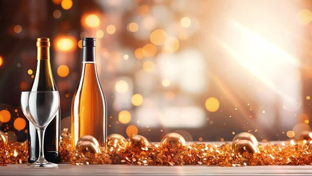 Background with bottles of wine, bokeh and rays of sun