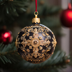 Christmas tree decorations, golden Christmas ornaments 
Luxury Serbian Orthodox Christmas decoration idea, high-quality photo, black and gold