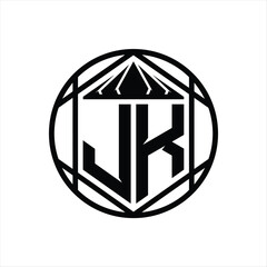 JK Letter Logo monogram hexagon slice crown sharp shield shape isolated circle abstract style design