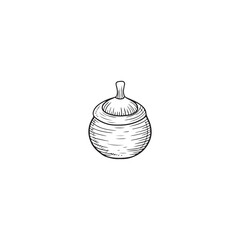 Fictile, earhen hand made pot with soup, sauce, meat cooking baked in black isolated on white background. Hand drawn vector sketch illustration in doodle engraved vintage outline style.