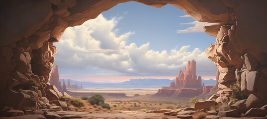 Inside sandstone cave entrance with scenic view of desert valley - midday sunshine shelter from the hot and dry weather - distant mountains and rain clouds in the sky over valley. - obrazy, fototapety, plakaty