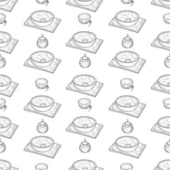 Seamless pattern for packaging of food delivery in black isolated on white background. Hand drawn vector sketch illustrations with pot, bowl with soup and bowl on wooden deck. National ukrainian food