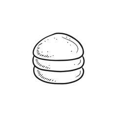 Tasty delicious fresh burger bun with sesame in black isolated on white background. Hand drawn vector sketch illustration in doodle engraved vintage style. Cheeseburger, ingredient, bakery.