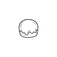 Small tasty baked cake with chocolate glaze round shape isolated on white background. HAnd drawn vector sketch illustration in doodle engraved style. Concept of hand made, cooked sweet cake