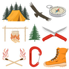 Set of camping equipment collection. Vector illustration. Set include: camping tent, condor, fire match sticks, hiker boot, compass, kettle pot on campfire, fir tree, knife and carabiner.