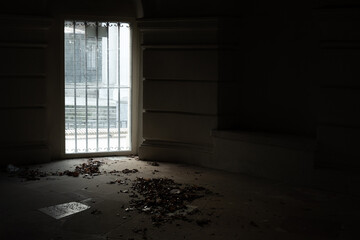 An enclosed dark room with leaves on the floor, light coming in from a window with bars