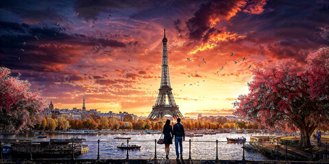 Parisian Dream at Dusk: A Digital Fusion of Love and Light - obrazy, fototapety, plakaty