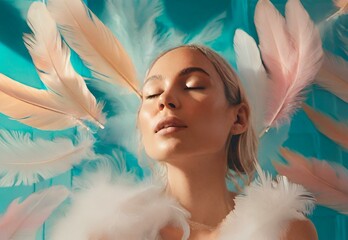 A dreamy portrait featuring a woman with floating feathers in an ethereal setting, merging elements...