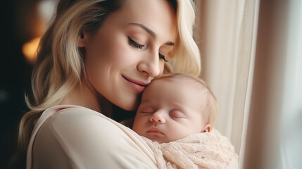 Fototapeta na wymiar Bright portrait of happy mum holding sleeping infant child on hands, Loving mom carying of her newborn baby at home, generative ai