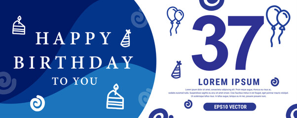 37 year celebration Creative Happy Birthday Text. Blue color decorative banner design, Vector illustration.