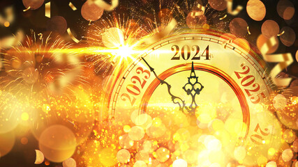 Vintage gold clock New Year 2024 with confetti, golden bokeh lights and fireworks. New Year 2024...