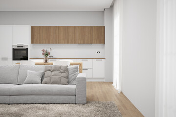 Living room with dining room and kitchen. 3d rendering of interior background.