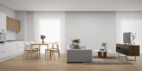 Living room with dining room and kitchen. 3d rendering of interior background.