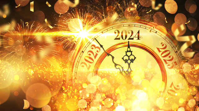 Vintage gold clock New Year 2024 with confetti, golden bokeh lights and fireworks. New Year 2024 card, creative idea. Old Luxury