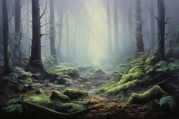 Obraz premium mystical misty forest, oil painting