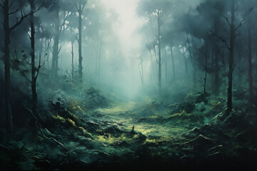 mystical misty forest, oil painting