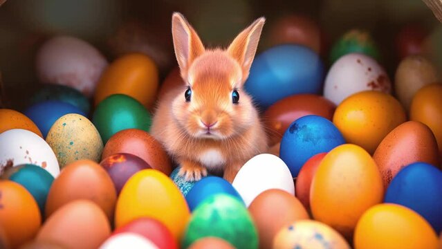 Easter bunny in colored eggs with rays of sun.