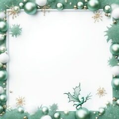 Fototapeta na wymiar Christmas card with snowflakes, Christmas balls and green dragon - symbol of 2024 Chinese New Year