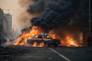 A burning police car with flashing lights on during riots on a city street. Black smoke and a strong fire. Emergency, explosion, catastrophe, apocalypse, war, protests concepts - obrazy, fototapety, plakaty