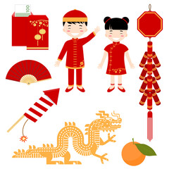 Set of Chinese New Year flat icons. Set include girl, boy, lantern, dragon, firecracker and other elements. Vector illustration