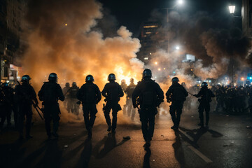 Police officers work during riots in a night street in fire and smoke
