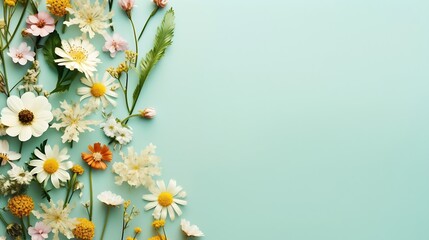 Flower composition. Trendy floral pattern made of wild field flowers with shadows over mint background. Summer background, flat lay style : Generative AI