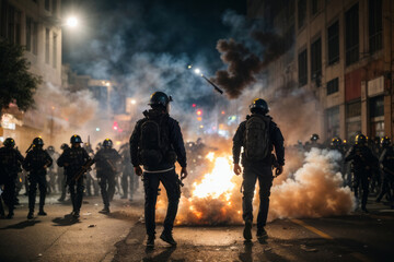 Rear view of police officers amid smoke and fire during protests and riots