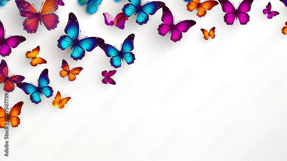 Poster photo of decorative butterflies pattern isolated on white background with copy space. fresh spring s