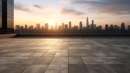 Perspective view of empty concrete floor and modern rooftop building with sunset cityscape scene. Mixed media : Generative AI