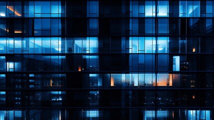 Pattern of office buildings windows illuminated at night. Glass architecture ,corporate building at night - business concept. Blue graphic filter. : Generative AI