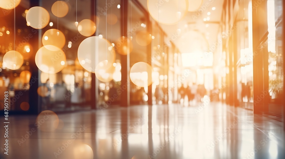 Aufkleber abstract blur image background of shopping mall with light bokeh and flare light bulb : Generative AI