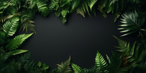 Fototapeta na wymiar Tropical summer background, fern leaves set in the frame around blank space for a text, flat lay, view from above, stylized photo : Generative AI