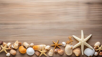Fototapeta na wymiar Starfish and seashells on a wooden background. The concept of a summer vacation at sea. : Generative AI