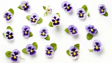 Fototapeten Viola pansy flower set. Violet spring flowers and leaves collection isolated on white background. Creative layout. Floral design element. Springtime and easter concept. Top view, flat  : Generative AI © Generative AI