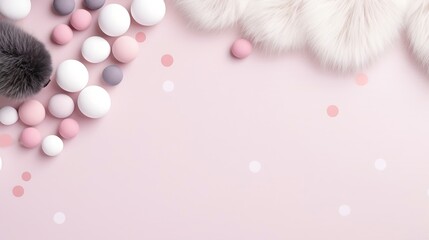 White and gray cat paws with ball and mice. Pink background, copy space, top view. Concept of games...