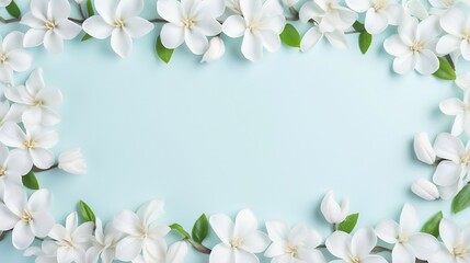 White flowers arranged on bright background. Flat lay. : Generative AI