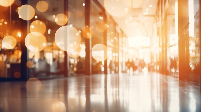 abstract blur image background of shopping mall with light bokeh and flare light bulb : Generative AI